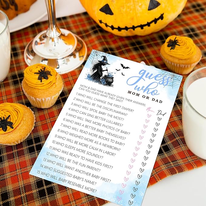 Hilarious Baby Shower Games, 25 Sets Halloween Who Mom or Dad, Blue Witch Gender Reveal Party Game Cards for Announcement Supplies - B01