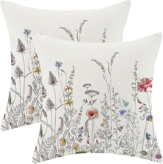AEIOAE Spring Pillow Covers 20x20 Inch Set of 2, Black Wild Flower Throw Pillows Case,Colorful Seasonal Floral Plant Outdoor Decorative Farmhouse Decor Cushion Covers for Home Sofa Bed Couch