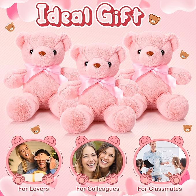 Aoriher 6 Pcs Bear Stuffed Animal Bulk Baby Shower Bear Plush Toys Soft Cute Sleeping and Playing Decorations for Kids Back to School Gift Baby Shower Birthday Party Favor(Pink)