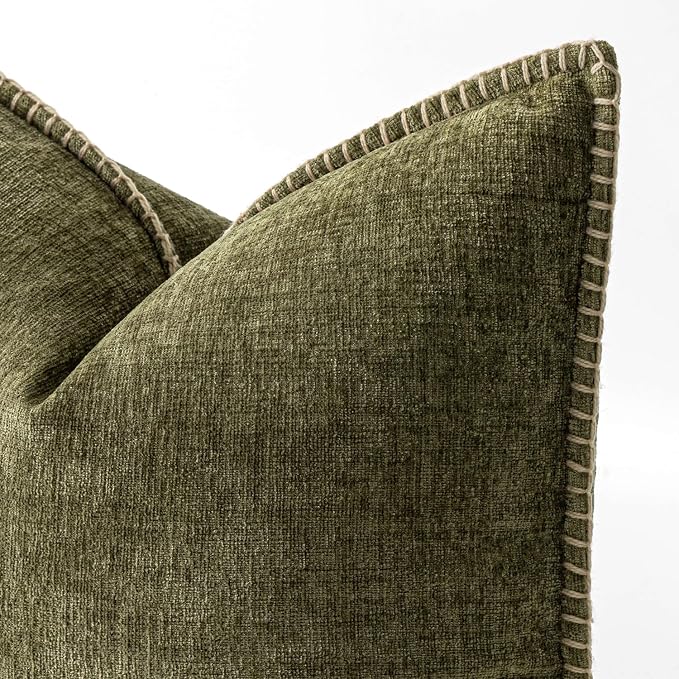 MIULEE Decorative Euro Sham Pillow Covers 24x24 Inch Olive Green 2 Pack | Farmhouse Throw Pillow Covers with Stitched Edge, Soft Chenille Cushion Cases, for Couch Sofa Bed Living Room Home Decor