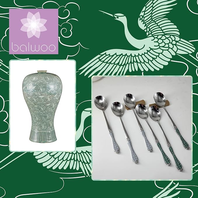 Korean Style Soup Spoons - 6 Pcs, 8.5 Inch Premium Stainless Steel Dessert & Dinner Spoons, Goryeo Celadon, White