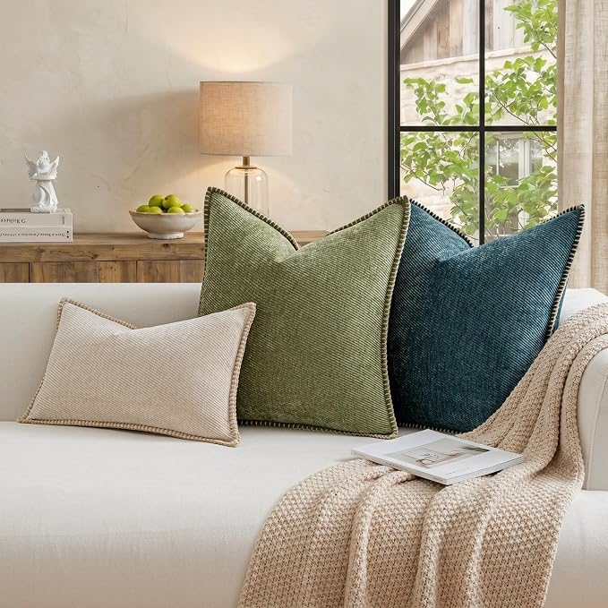 a moment Pack of 2 Decorative Chenille Throw Pillow Covers with Twill Cushion Covers for Sofa Living Room Couch Bed 20x12 Inch,Crafted Border Moss Green