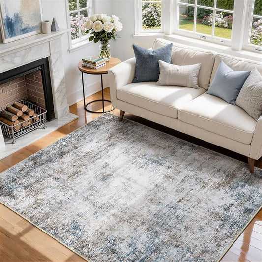 5x7 Area Rugs for Living Room Rug Washable: Abstract Rug for Dining Room Bedroom Carpet Non Slip 5 by 7 Indoor Modern Nursery Home Office White Brown Blue