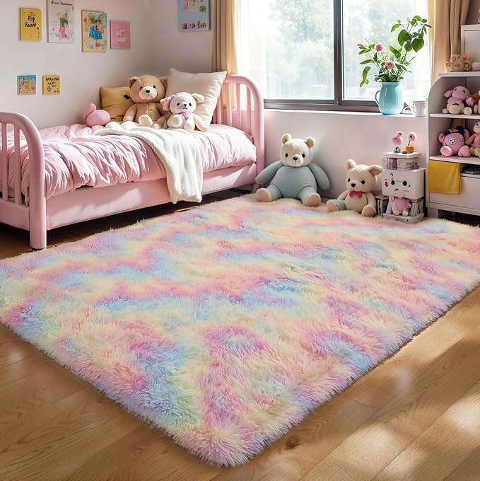 5x8 Rainbow Unicorn Fluffy Shag Rug for Girls Bedroom, Plush Carpet | Area Rug for Living Room, Nursery, Teens Boys Dorm Room, Washable Non Slip Shaggy Carpet