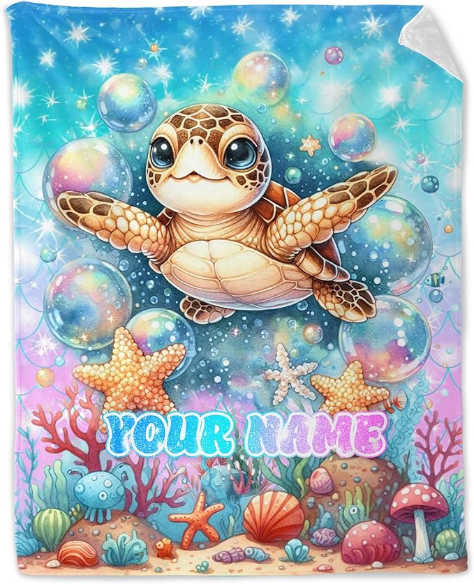 Custom Sea Turtle Blanket for Girls - 30 x 40 Inches Lap Size Animals Blankets for Kids - Blue Turtle Throw Gifts Stuff for Crib, Office