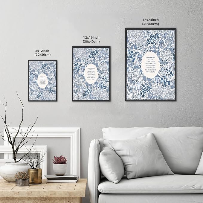 Slow Down You're Doing Fine Music Poster Motivational Song Lyric Blue Wall Art Vintage Positive Quote Daily Reminder Floral Canvas Print for Office Bedroom Home Decor 8x12inch Black Framed