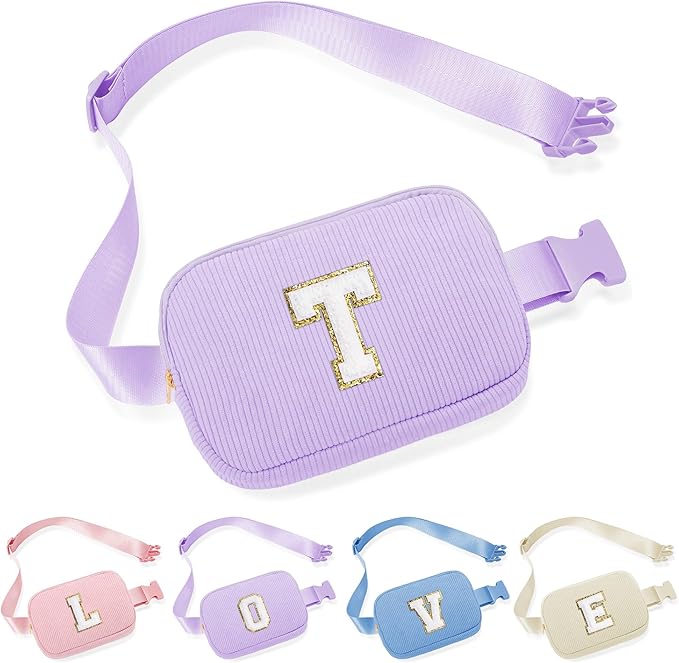 YOOLIFE Birthday Gifts for Girls, Fanny Packs for Kids Cross Body Birthday Gifts for 4 5 6 7 8 9 10 11 12 13 14 Year Old Girls Small Initial Purple Cross Body Belt Bag for Sister Daughter (Purple T)