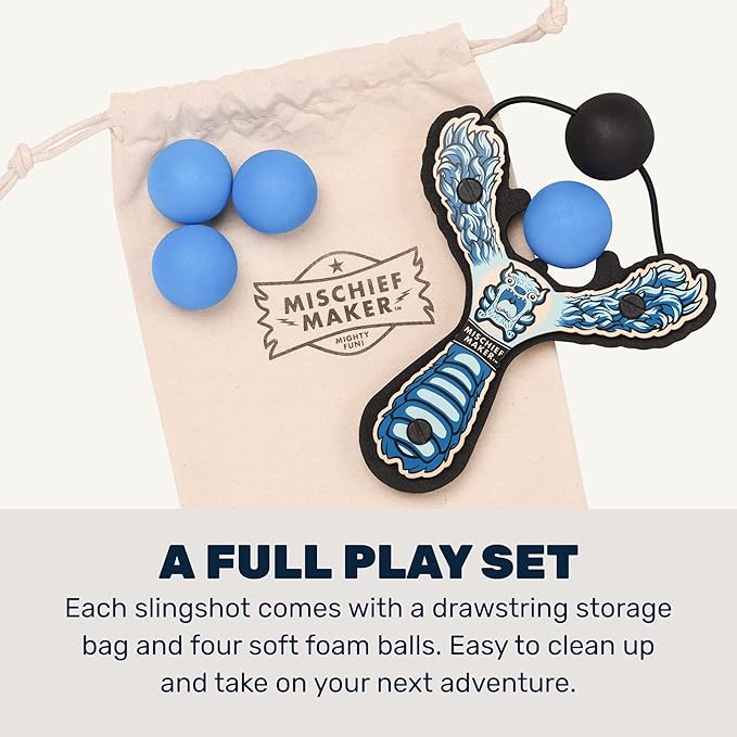 Mischief Maker® Wooden Slingshot - Lil’ Monster Series - Real Wood Slingshot for Kids, 4 Soft Foam Balls and Storage Bag - Ages 4+ (Blue)