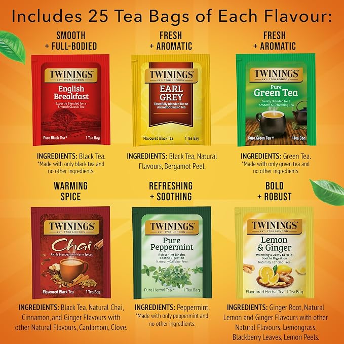 Twinings Variety Pack Tea Bags, 25 Count (Pack of 6) Includes English Breakfast, Earl Grey, Lemon Ginger, Peppermint, Green, and Chai, Enjoy Hot or Iced, 150 Teabags