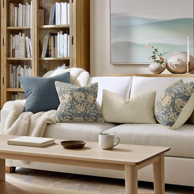 Vintage Floral Print Throw Pillow Covers 16x16 Set of 2 Neutral Modern Farmhouse Accent Decorative Cushion Covers Boho Home Decor for Couch Sofa Chair Bed Living Room, Dusty Blue