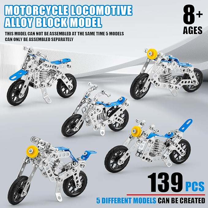 Building Kit Model Motorcycle Set, 5 in 1 Metal Motorbike STEM Project Building Toys for Kids Ages 8-12, DIY Assembly Metal Motorcycle Toys Model Gift