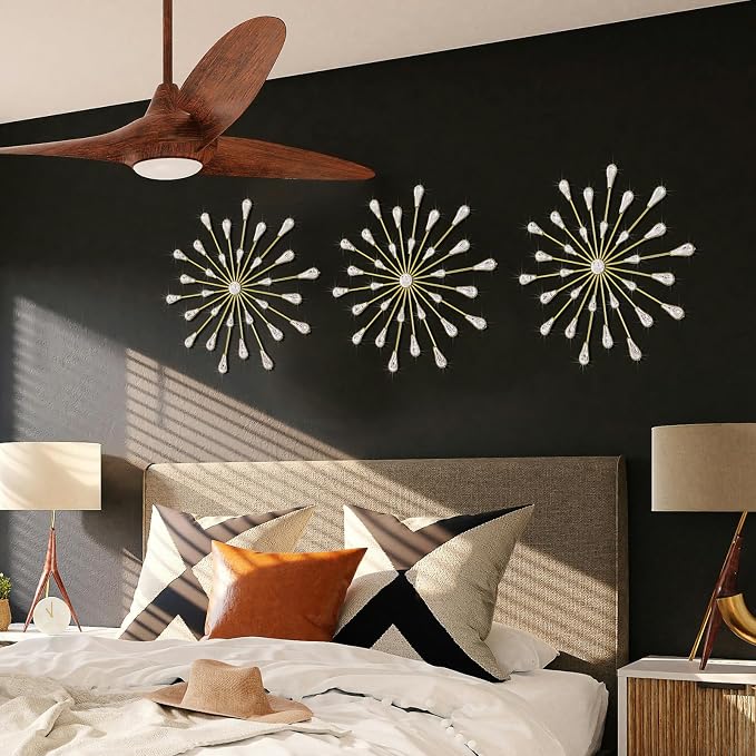 ZEXUIRU 3 Set Gold Starburst Wall Art for Home Decor Metal Bling Crystal Rhinestones Sunburst Wall Decor Sparkling Rhinestone Art Accent Gold - 13in