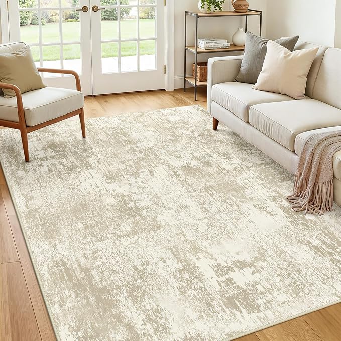 RELEANY Washable 8'x10' Abstract Area Rug for Living Room Cream Beige | carpet for bedroom, kitchen, office, hallway and entryway, printed pattern, non-slip, soft, stain-resistant, easy to clean