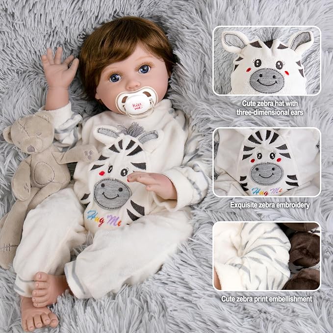Aori Lifelike Reborn Baby Dolls - 22 Inch Realistic Newborn Baby Boy Doll in Soft Weighted Body & Zebra Outfits - Real Life Reborn Toddler Boy Gift Set for Kids 3+