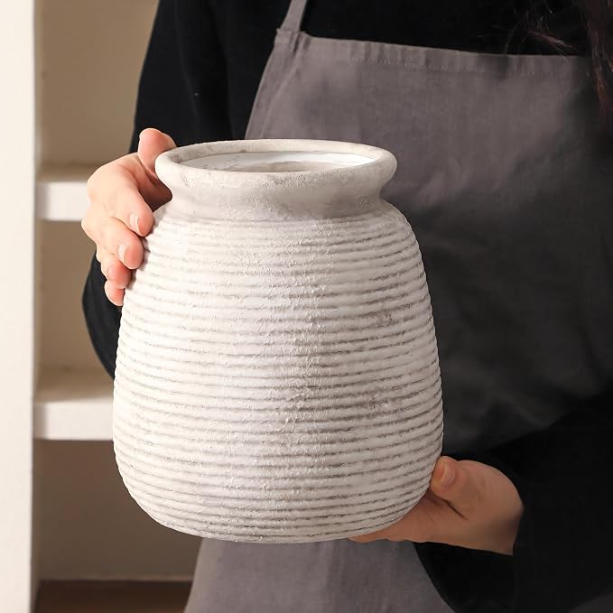 Ceramic Flower Vase, Rustic Farmhouse Decorative Vase Pottery Wide-Mouth Vases for Home Decor Table Entryway Mantel Bookshelf Living Room Bedroom Bathroom Kitchen - 7.48" D