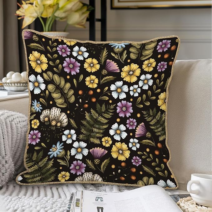 Blue Yellow Purple Floral Soft Velvet Throw Pillow Covers Set of 2 Plant Botanical Flowers Decorative Pillow Covers 16x16 In Vintage Black Pillow Case For Sofa Couch Living Room Farmhouse Home Decor