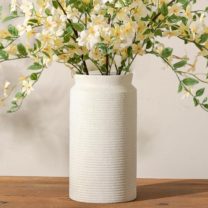 Dobbyby Ceramic Flower Vase 12 inch Farmhouse Rustic Vase for Home Decor Handcrafted Pottery Tall Terracotta Vases for Dining Table Decor Fireplace Living Room Bathroom Wedding Centerpiece (L-White)