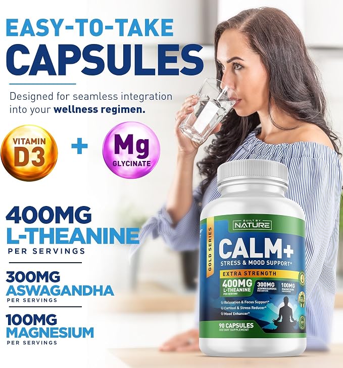 Built by Nature Calm+ Relaxation & Focus Supplement, 90 Capsules Stress, Cortisol & Mood Support, L-Theanine, Ashwagandha, Magnesium Glycinate, Vitamin D3