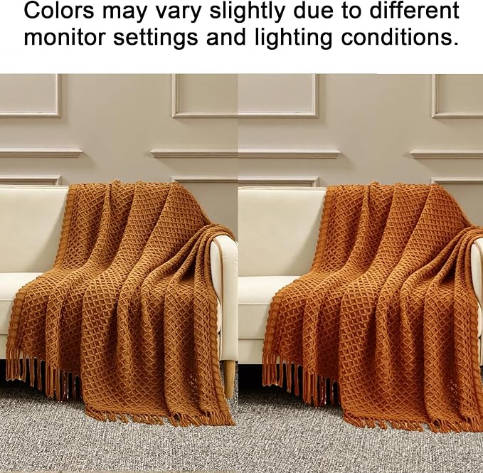CREVENT Farmhouse Boho Knitted Throw Blanket for Couch Sofa Chair Bed Home Decoration, Soft Warm Cozy Light Weight for Spring Summer Fall (60''X80'' Caramel/Rust Burnt Orange)