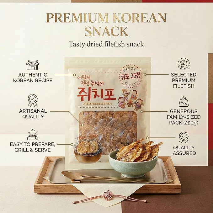 Filefish Fillet Jerky [ Korean Snacks ] Korean Roasted File Fish Jerky, High in Protein and Essential Acids, Dried Fish Snack [ 쥐포, 쥐치포 ] 250 Grams