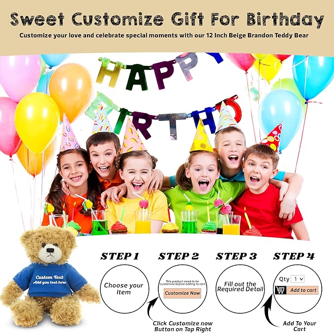 Customized Beige Brandon Bear - 12 inch Personalized Stuffed Bear Plush Toy - Perfect Custom Shirt Bear Gift for Graduation Valentines Graduation Easter Holidays (Royal Blue Shirt)