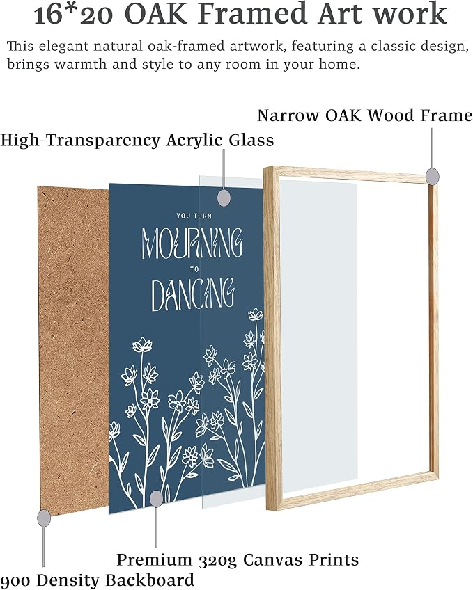 EcoHest 16x20 in Psalm 30:11 Mourning to Dancing Floral Christian Wall Art | Solid Oak Wood Frame with Canvas Wall Art, Scripture Bible Verse Wall Decor for Bedroom, Living Room, Office, Church, 1Pack