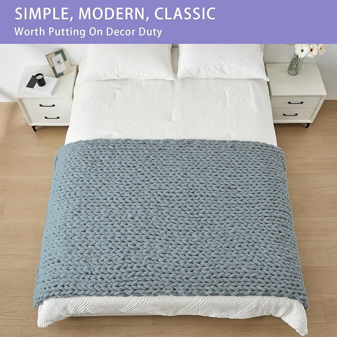 Bigacogo Chunky Knit Throw Blanket for Couch, 40x80 inches, Dusty Blue | Hand Knit with Jumbo Chenille, Soft Breathable Cable Knit for Sofa Bed Living Room, Machine Washable, Gift for Mom Friend