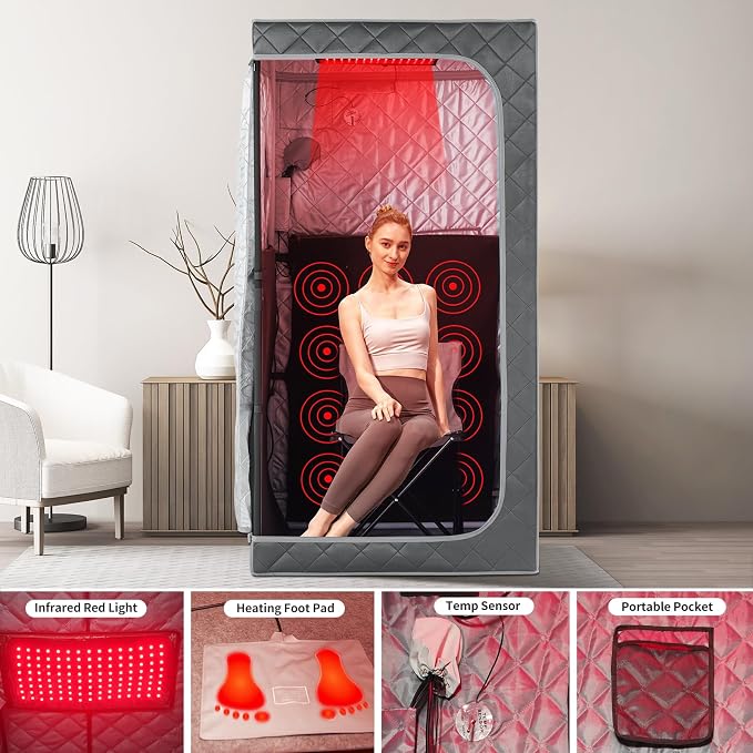 Full Size Portable Personal Infrared Sauna for Home, Personal Home Spa Tent with Remote Control, Heating Foot Pad, Foldable Reinforced Chair （Grey, L33.8 x W 33.8" x H 66.5"