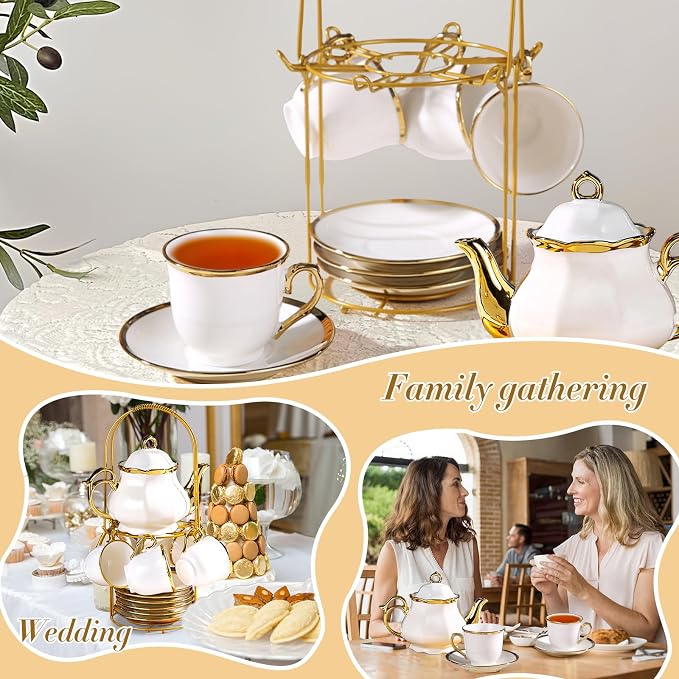 20 Pcs Porcelain Tea Set with Metal Holder, European Ceramic Tea Set for Adults, Coffee Tea Gift Sets, French Tea Cup Saucer Set for Party With Gold Trim (French White)