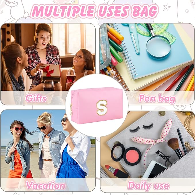 URSKYTOUS Patch Makeup Bag Travel Small Cosmetic Bag Pink PU Makeup Pouch Zippered Personalized Preppy Initial Skin Care Stuff Bag for Women Birthday Gift Teen Girl Gifts Trendy Stuff(S)