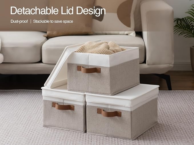 StorageWorks Fabric Storage Bins with Lids, Closet Storage Bins | Lidded Dust-proof, Easy Pull Handles, Foldable, Stackable, Ideal for Clothes Blanket Towel, Large, Brown and White, 3-Pack