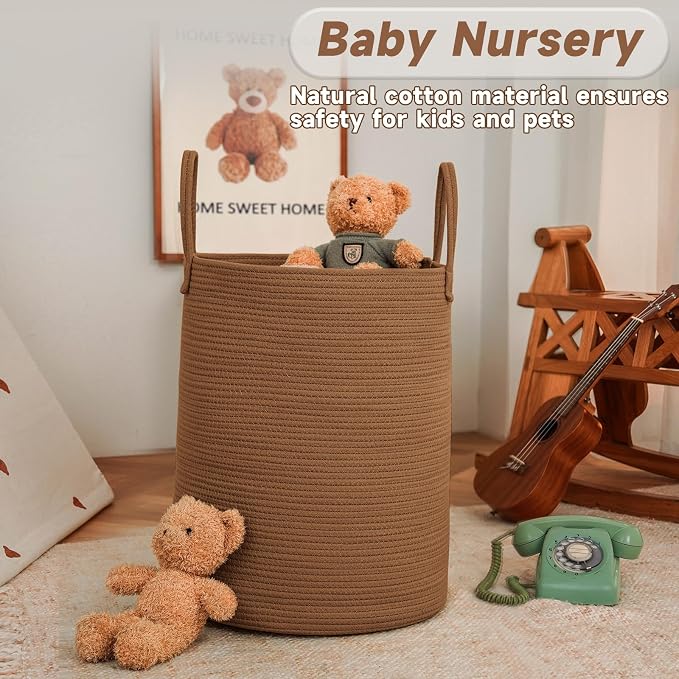 JMvicyroam 80L Cotton Rope Laundry Basket Hamper, Golden Jute | Collapsible laundry basket, reinforced handles, freestanding, machine washable, holds 3-5 thick blankets, clothes or toys