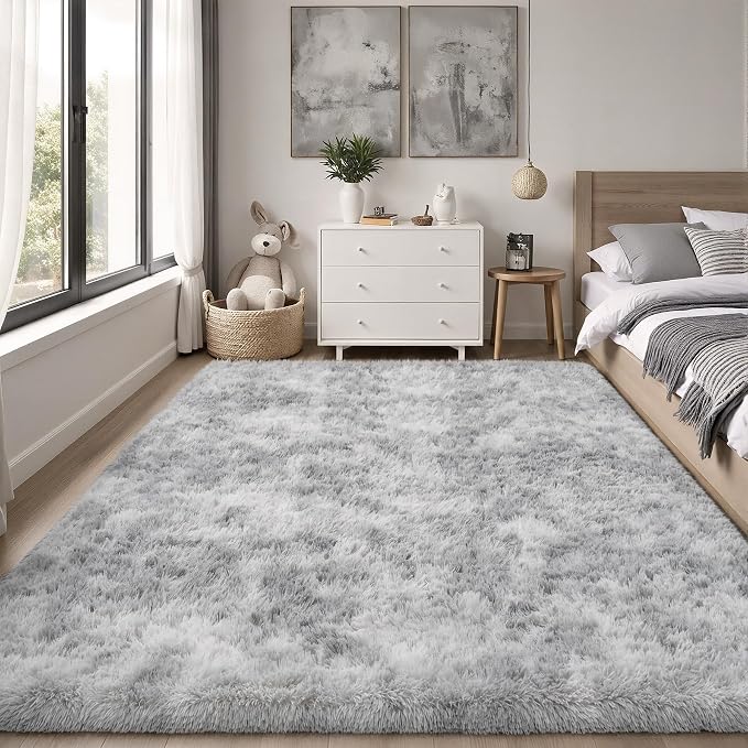 Area Rug for Living Room Bedroom: 4x6 Light Grey Soft Fluffy Shag Upgrade Non-Slip High Pile Carpet Large Fuzzy Plush Indoor Floor Decor Shaggy Rug for Kid Boys Girls Playroom Nursery Modern Home