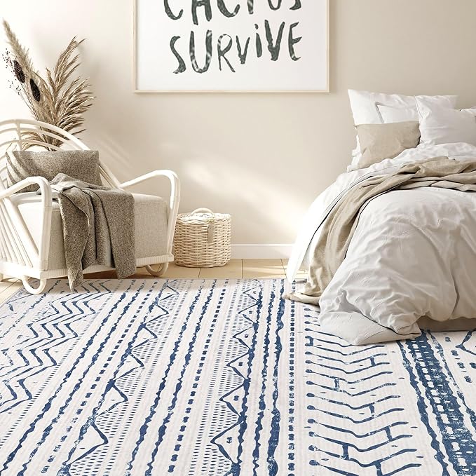 Nakagishi Boho 5x7 Area Rug Living Room Rugs Machine Washable Navy Blue | Soft, Pet & Kid Friendly, Carpet for Living Room/Bedroom/Office/Kitchen/Nursery, Daily Home Decor Stain Resistant Moroccan