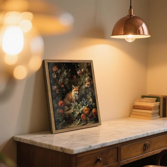 Framed Dark Academia Fox Canvas Wall Art, Sitting Fox Surrounded by Flowers, Elegant Vintage Botanical Poster, Fine Art Print for Living Room Bedroom Study – Dark Wooden Frame 12x16in