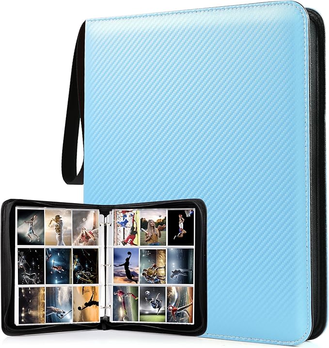 WOT I Trading Card Binder, 900 Pockets Baseball Card Binder Sleeves with Zipper, Double Sided Pockets Card Holder Carry Card Case for Baseball Card, Football Card(Light Blue), WO-CB-9-8