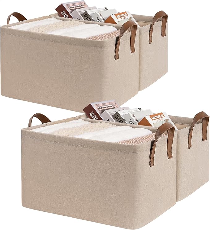 CHICVITA 4-Pack Large Fabric Storage Bins for Shelves, Handles, Brown | 16 ¾" L x 11" W x 9¾" H, Collapsible Design, Clothes, Toys & Books Storage, Closet, Bedroom & Living Room Organization
