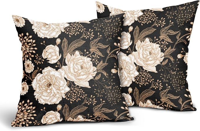 Vintage Peony Roses Floral Plant Pillow Covers 24X24 Inch Set of 2 Chinoiserie White Flower Leaves Decorative Pillow Cases Black Gold Cushion Case Vintage Home Decor for Sofa Couch Outdoor