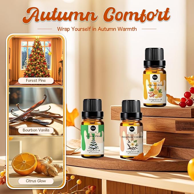 RAINBOW ABBY Fall Fragrance Oils Set, Autumn Essential Oils for Diffuser, Candle Making, Aromatherapy Oils Gift - Amber Maple, Cider Spice, Harvest Spice, Bourbon Vanilla, Forest Pine, Citrus Glow