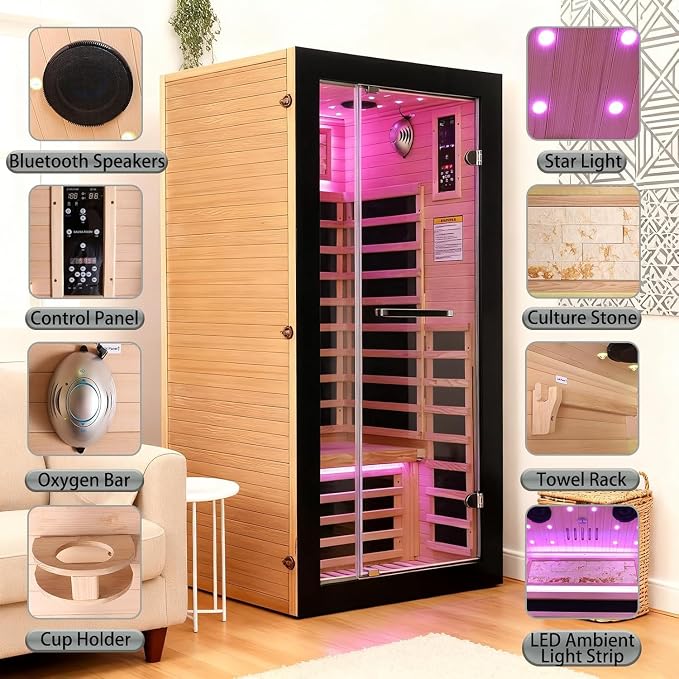 Sauna, 1-Person Far Infrared Sauna, Low EMF Indoor Home Sauna 1450W | Canadian Hemlock Wood Luxurious Dry Sauna with 7 Color Starry Ceiling & Speakers Fast Heating Easy Assembly 35.4x35.4x70.8"