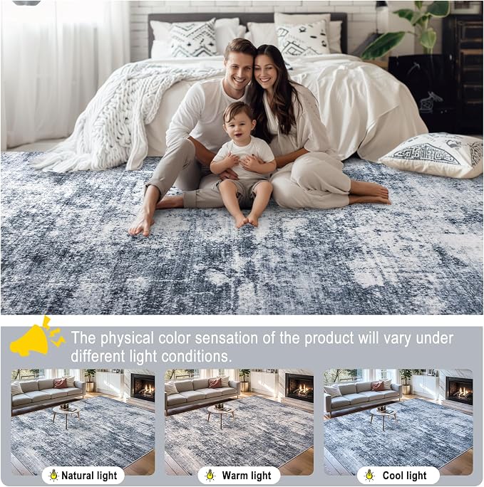 Area Rugs 10x14 Living Room - Washable Rug Modern Abstract Soft Large Neutral Non-Slip Carpet Indoor Floor Thin Carpets for Bedroom Dining Room Farmhouse Nursery Home Office Grey Blue