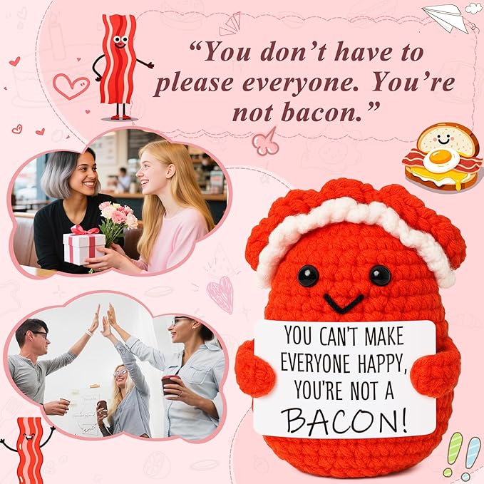 Mini Motivational Bacon Handmade Crochet Bacon for Women White Elephant Christmas Encouragement Gift for Friends Coworkers Small Birthday Back to School Gifts Cute Motivation Unique Office Desk Decor