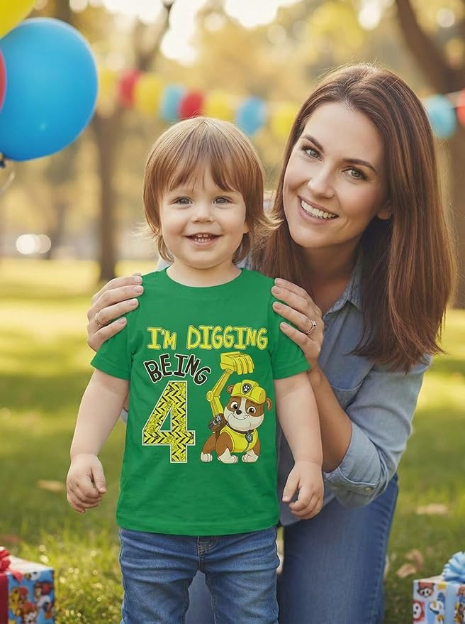 Paw Patrol Rubble Digging Being 4 T-Shirt for Toddler Boys - 4th Birthday Outfit with Construction Bulldozer Theme