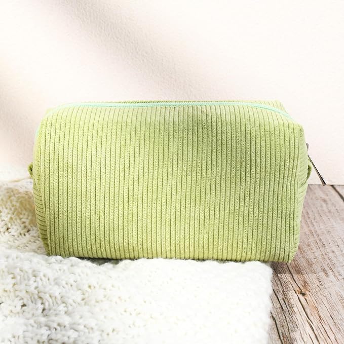 SOIDRAM 2 Pcs Corduroy Makeup Bag Large Cosmetic Bag Toiletry Bag Makeup Pouch Travel Bag Organizer Cute Makeup Brushes Aesthetic Accessories Storage Bag for Women Light Green