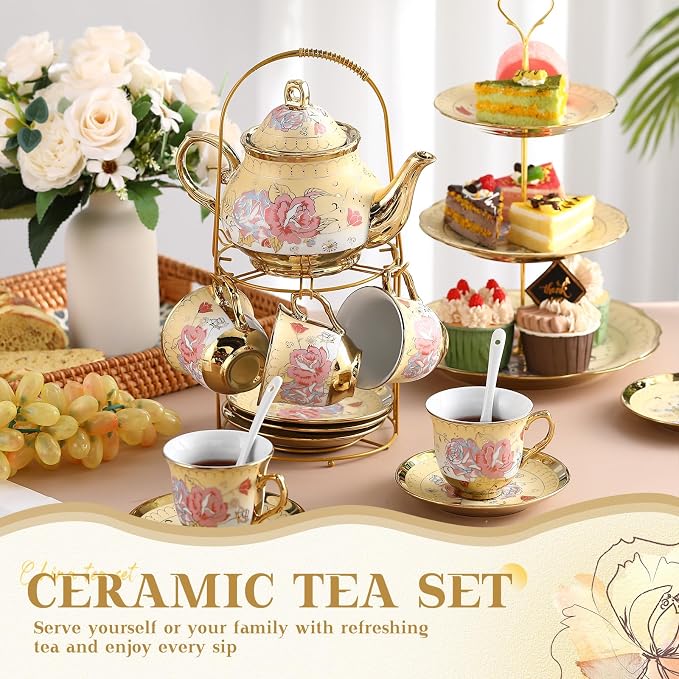21 Pcs Ceramic Teapot Set Vintage Porcelain Tea Cups with Metal Holder and High Tier Cupcake Stand Saucers for Women Girls Farmhouse European Weddings Party Decor Gifts (Yellow,Vintage)