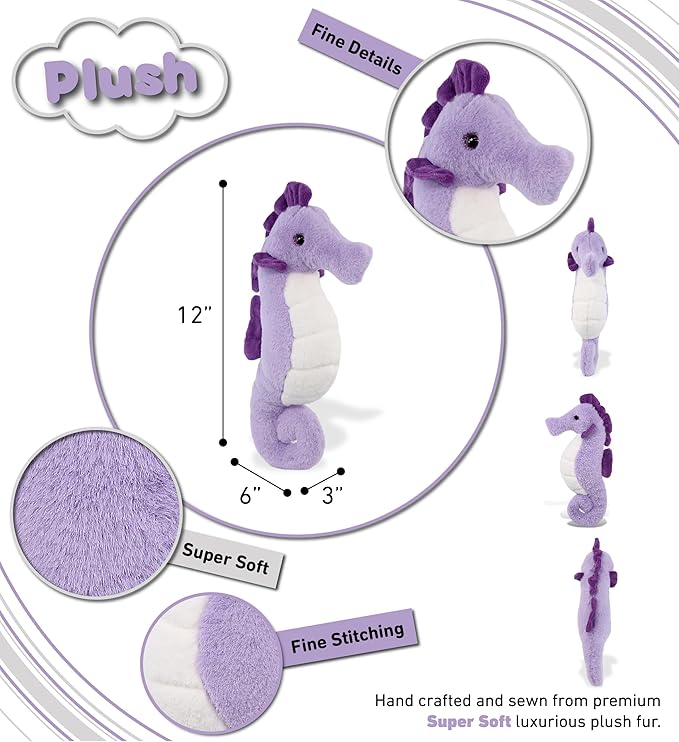 DolliBu Purple Seahorse Super Soft Stuffed Animal, Cute Realistic Stuffed Animals for Girls, Boys, Adults Animal Gifts, Kids Zoo Ocean Nursery Decor for Newborn, Cuddly Soft Baby Plush Toys - 12 Inch