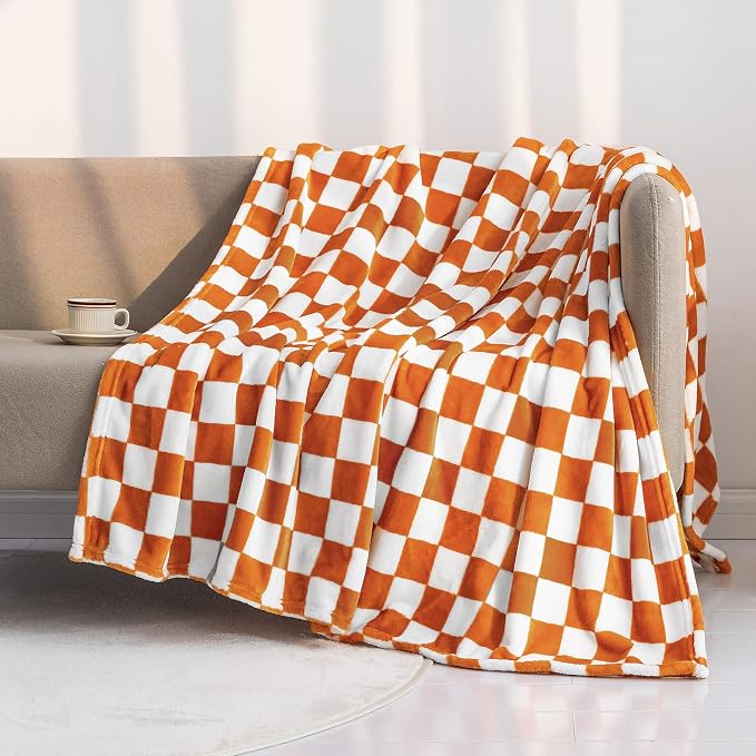 LOMAO Throw Blankets Flannel Blanket with Checkerboard Grid Pattern Soft Throw Blanket for Couch, Bed, Sofa Luxurious Warm and Cozy for All Seasons (Orange, 60"x80")