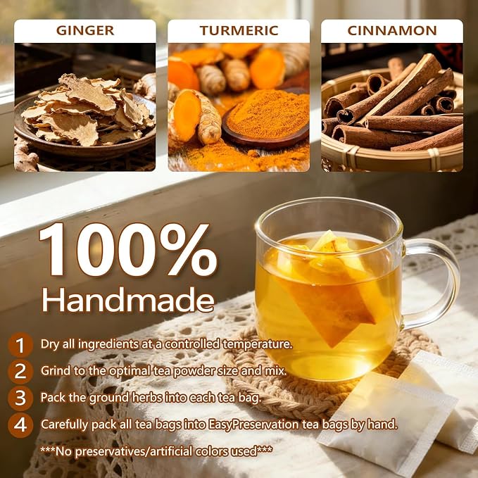 30 Premium Turmeric Ginger Cinnamon Tea Bags, 100% Natural Ingredients Herbal Tea, Turmeric Ginger Herbal Blend for Wellness & Digestive Support, Vegan, No Sugar, Caffeine-Free