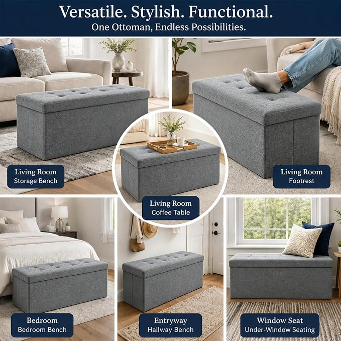 ALASDO 43 Inch Folding Storage Ottoman Bench with Hidden Storage, PU Leather Ottoman Foot Rest Stool, End of Bed Bench for Bedroom, Living Room, Entryway and Closet, Grey