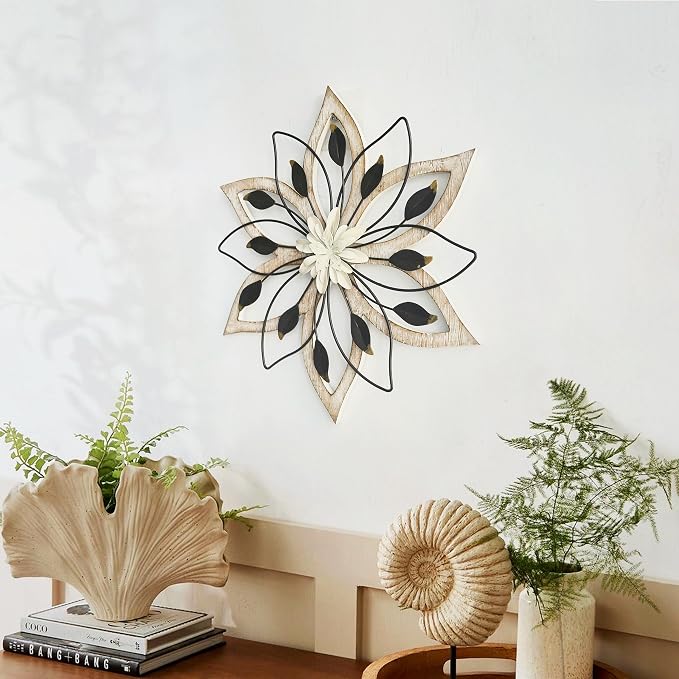 Remenna Whitewash Flowers Wood Wall Decor, Metal Rustic Wall Art Farmhouse Wall Decorations Multiple Floral Hanging Decor for Bathroom Living Room Home Office Garden Kitchen